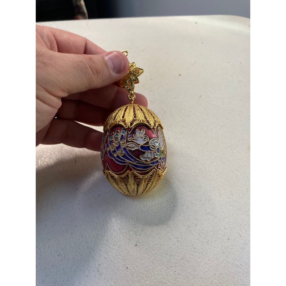 Vintage Nyco Cloisonne Egg Pendant Gold Tone Filigree Enamel Bird Ornament